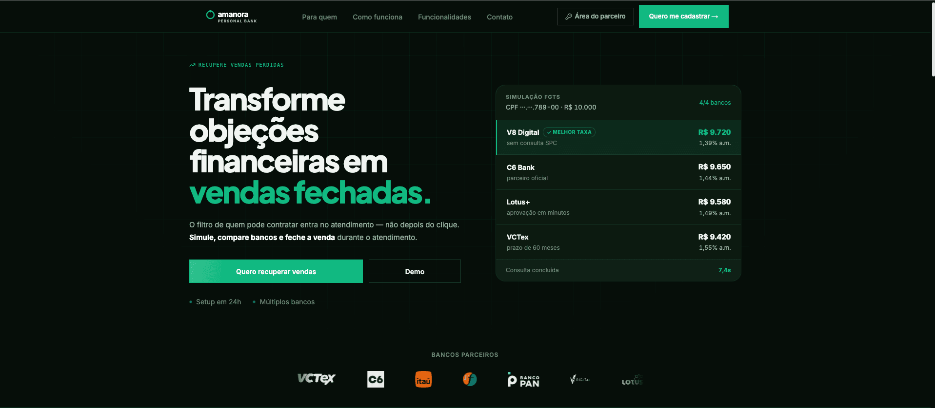 Página inicial da Amanora Personal Bank